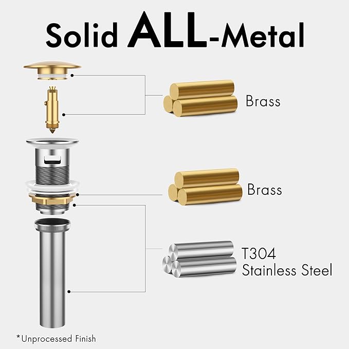 KES Bathroom Sink Drain with Overflow Vessel Vanity Sink Pop Up Drain Stopper Polished Chrome, ALL Metal Rustproof Brass and 304 Stainless Steel, S2008A-CH
