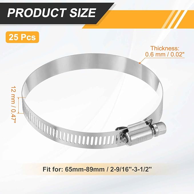 HARFINGTON 25 Pcs Hose Clamp 2-9/16"-3-1/2" (65-89mm) 304 Stainless Steel Adjustable Worm Gear Hose Clamp with Phillips Screw Assortment Kit for Fuel Line Pipe Plumbing Automotive Tube