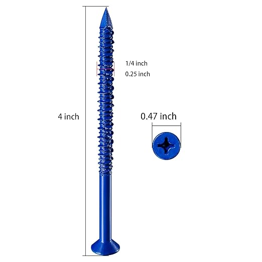 WenSilon(100 PCS) 1/4" x4 Concrete Screw Anchor Blue Flat Head for Anchoring to Masonry, Block or Brick Stucco