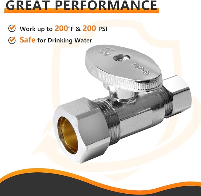 20-PCs HeSun Straight Stop Valve, 1/2" Nominal (5/8"OD) Compression x 3/8" OD Compression, 1/4 Turn Shut Off Valve for Bathroom, Chrome Plated Brass(VALVE122-20)