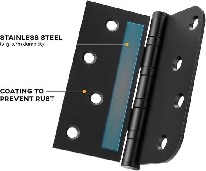 Door Hinges Black 3 Pack 4 x 4 Inches Ball Bearing Door Hinge Heavy Duty Stainless Steel Hinges for Interior & Exterior Doors Square & Round Corners