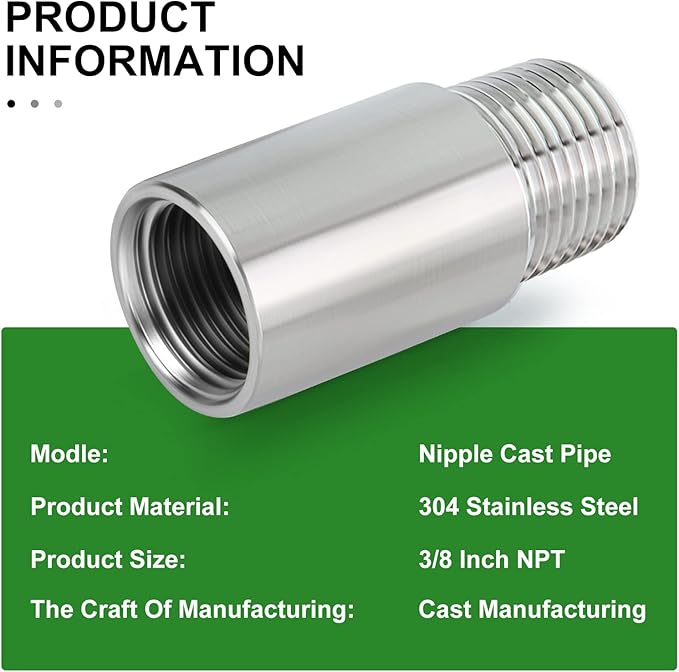 TAISHER 4PCS Stainless Steel Pipe Fittings, 3/8" NPT Male x 3/8" NPT Female Threaded, 2" Length Nipple Cast Pipe