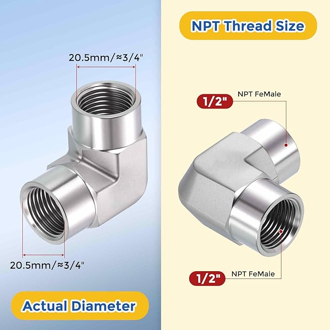 2 Pack 316 Stainless Steel Pipe Fittings, 90 Degree 1/2" FeMale NPT to 1/2" FeMale NPT Barstock Street Elbow W/Sealing Tape, Forged Pipe Fitting Connector for Air, Oil, LP