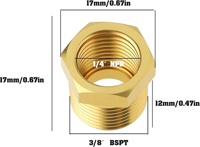 2Pcs 3/8" BSPT Male to 1/4" NPT Female Brass Pipe Fitting Reducer Adapter for Pipes Tubes