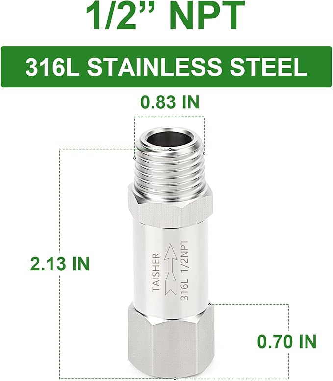 TAISHER 1PCS 316L Stainless Steel 1/2" NPT Male x 1/2" NPT Female Check Valve,Backflow Prevention,One Way Non-Return Check Valves
