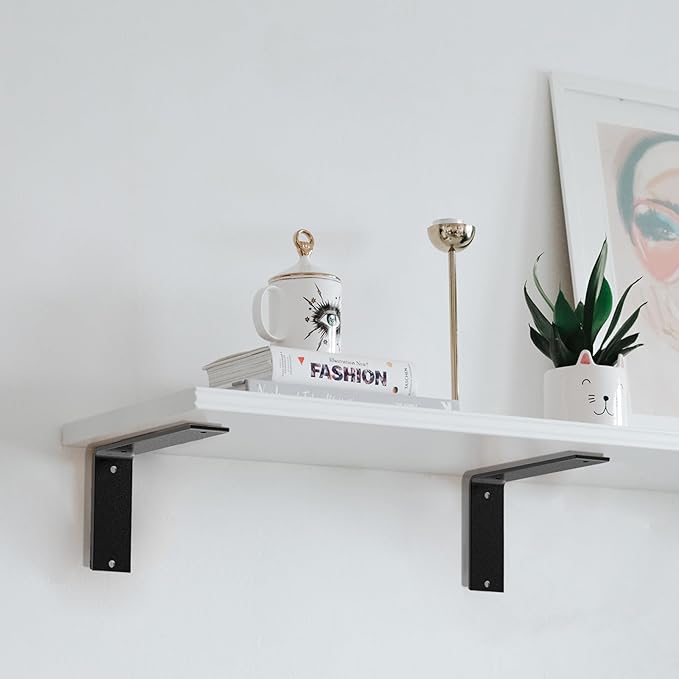Black Heavy Duty Shelf Brackets 8 Inch, Extra Thick L Shelving Brackets, Rustic Gold Iron Floating Shelves Wall Mounted with Hardware for DIY Open Shelving, 4 Pack