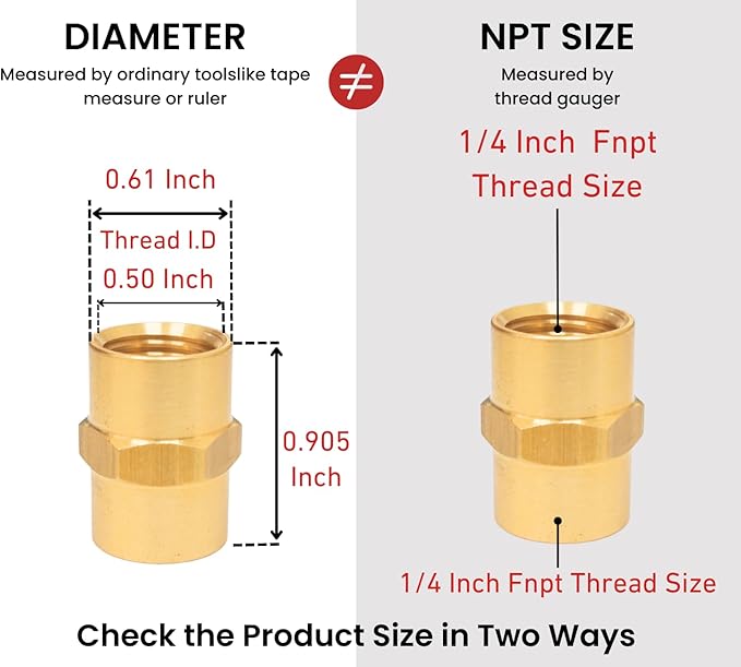 Brass Coupling 1/4 Inch NPT Female x 1/4 Inch NPT Female, Hex Head Pipe Fitting, FNPT to FNPT Compressor Connector, Air Hose Adapter Brass Fittings, 0.5" ID × 0.5" ID, Pack of 2