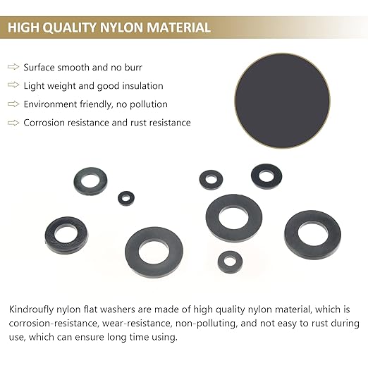 620 Pieces Nylon Flat Washers, Kindroufly 8 Sizes Plastic Washers, Black Nylon Washers Assortment Kit (M2 M2.5 M3 M4 M5 M6 M8 M10)