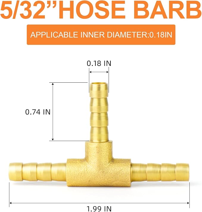 GASHER 5 Pieces Brass Hose Barb Tee, 3-Way Tee Hose Fitting (5/32" x 5/32" x 5/32" Hose Barb) with 15 Hose Clamps