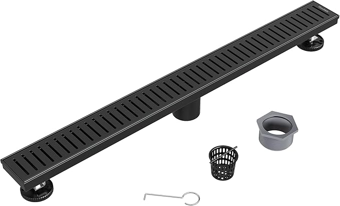 Neodrain 28" Matte Black Bathroom Linear Shower Drain with Removable Capsule Pattern Grate, 304 Stainless Steel Shower Floor Linear Drain- CUPC Certified with Hair Strainer