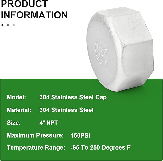 TAISHER 1PCS 304 Stainless Steel Cap Pipe Plug Socket Fitting 4" NPT Female