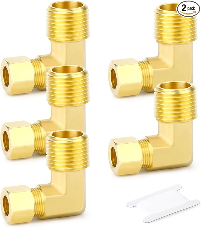 GASHER 5PCS Brass 90 Degree Elbow Compression Tube Pipe Fitting Connector, 1/4" Tube OD x 3/8" NPT Male Connector