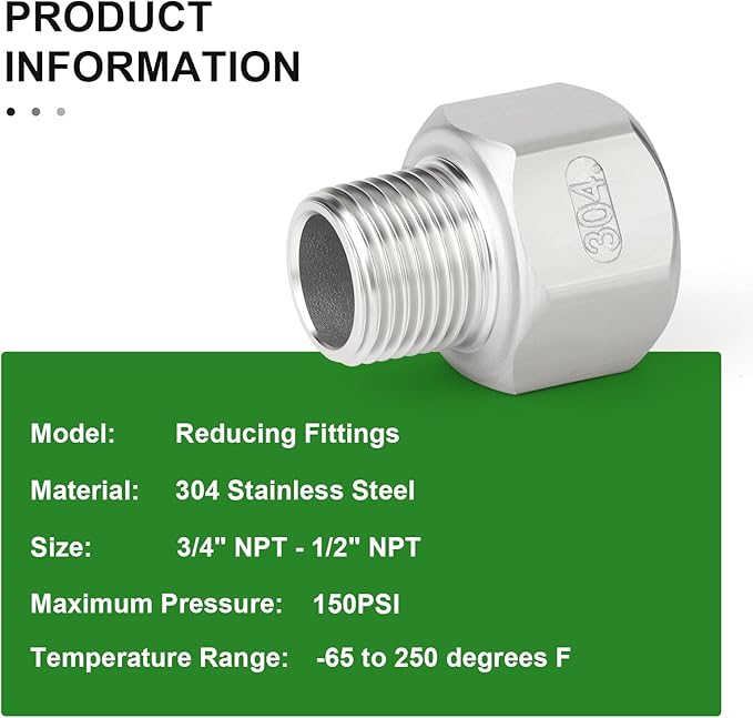 TAISHER 5PCS 304 Stainless Steel Pipe Fitting, Reducer Adapter, 1/2" NPT Male x 3/4" NPT Female
