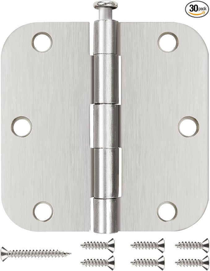30 Pack Nickel Door Hinges Brushed Nickel 3 1/2 Interior Door Hinges Satin Nickel 3.5 Inch with 5/8” Radius Corners 3 ½"x 3 ½" Silver Hardware Controls JIW Garage Factory