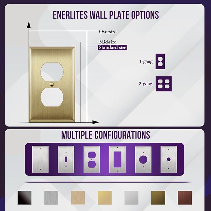 ENERLITES Double Duplex Receptacle Metal Wall Plate, Stainless Steel Outlet Cover, Corrosion Resistant, Size 2-Gang 4.50" x 4.57", Stainless Steel 201, 7722-BB, Brushed Brass, Gold