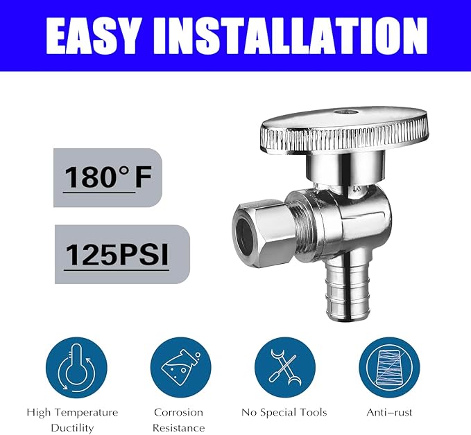 (10 Pack) BH Angle Stop Valve 1/2" PEX x 3/8" OD Comp, 1/4 Turn Shut Off Valve, Chrome Plated Brass, for Bathroom Toilet Kitchen Shower Plumbing