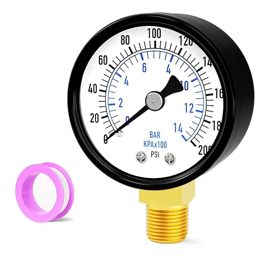 0-200psi Well Pump Pressure Gauge 1/4" NPT 2" Face Dial Size Lower Mount, Multifunctional Practical Dry Pressure Gauge, for Water, Oil and Air Compressor