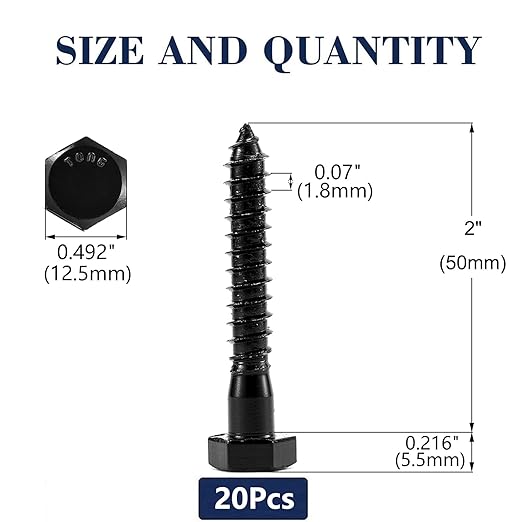 5/16" x 2" Hex Head Lag Screws Bolts 20Pcs 304 Stainless Steel 18-8, Partial Thread, Hexagon Head Wood Screws by Black Oxide by SG TZH