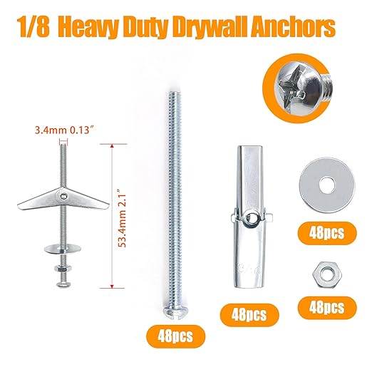 weideer 192Pcs Toggle Bolts 1/8" Heavy Duty Drywall Anchors and Screws Assortment Set Toggle Bolts and Wing Nut Kit with Nuts washers (48sets)
