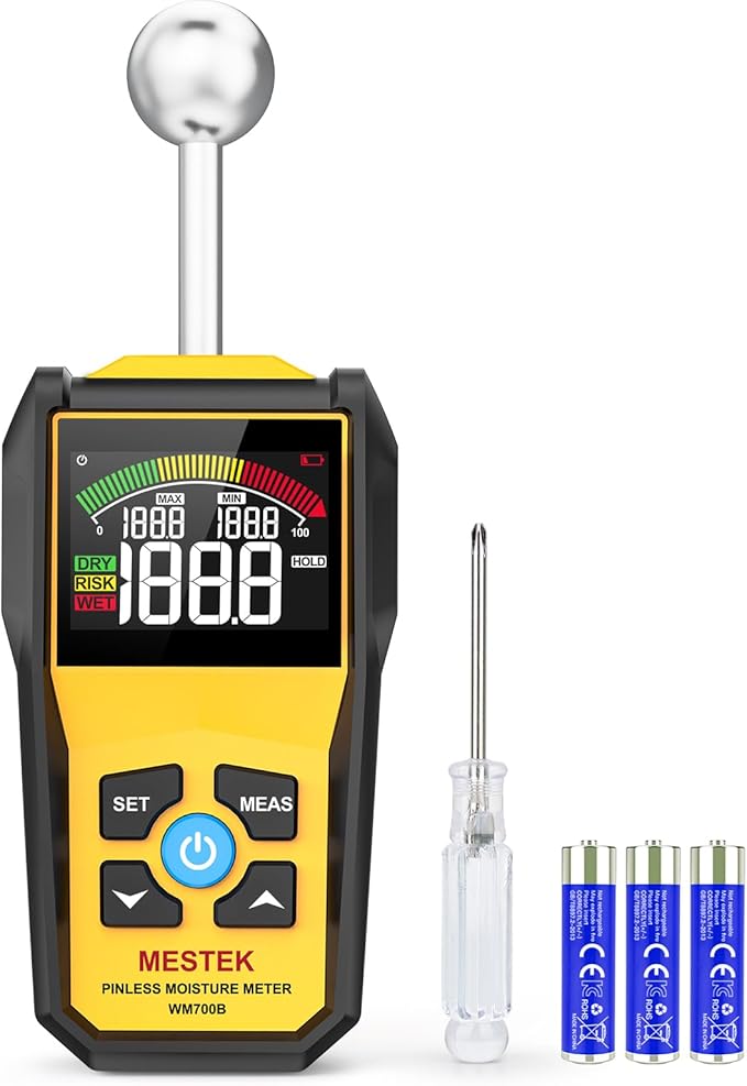 MESTEK Wood Moisture Meter for Non-Destructive Moisture Detection in Drywall, Wood, and Masonry, Moisture Tester with Backlit Color LCD Display & Alarm Function, Detects up to 20-40mm Below Surface