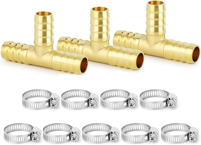 ChillWaves Brass Hose Barb Fittings, Tee 3 way Union Intersection/Splitter Fitting 3/8" Barb x 3/8" Barb x 3/8" Barb with Hose Clamp For Water/Fuel/Air(3-PACK)