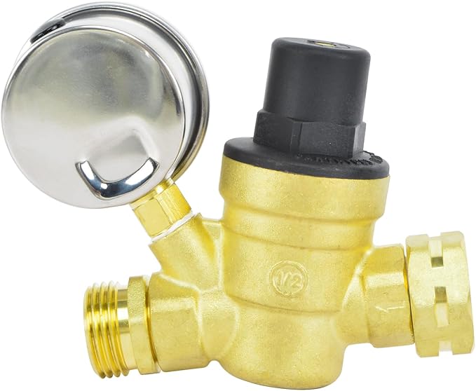 HYDRO MASTER Water Pressure Regulator Brass Valve with Gauge for RV Camper, Pressure Range 0-160PSI / 0-11Bar