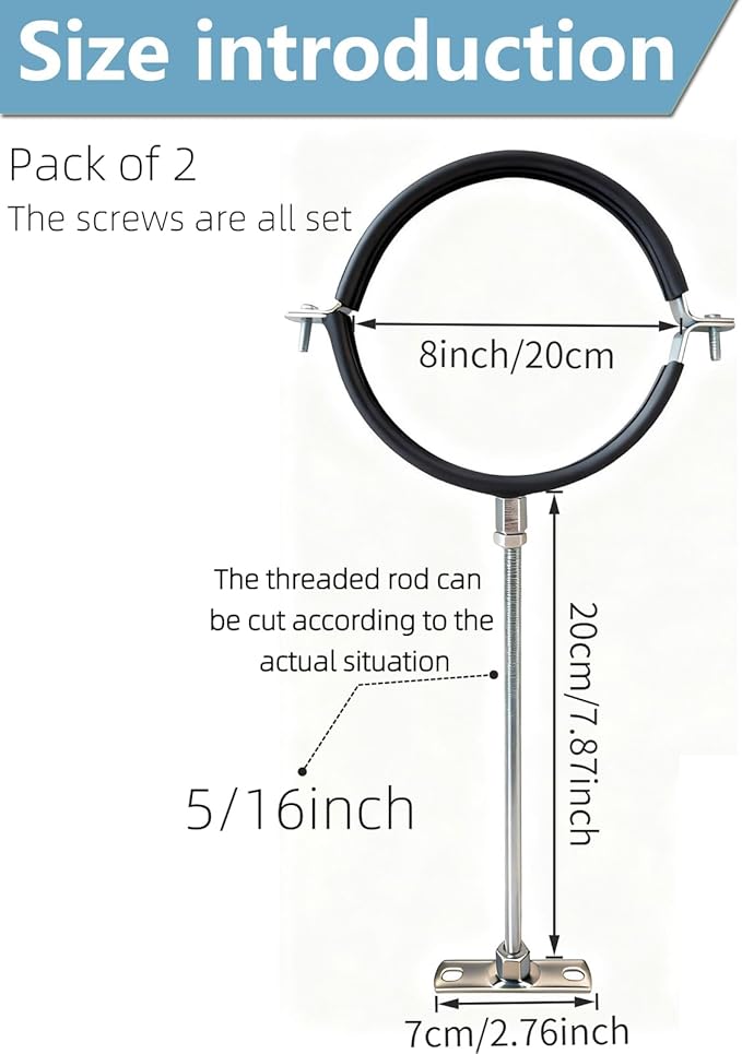 2 Sets Premium 8 Inch Adjustable Pipe Metal Bracket，Heavy Duty Galvanized Iron Stove Pipe Hanger Strap，Wall Support Chimney Round Split Ring Dryer Vent Hose Duct PVC Holder，with All Mounting Screws