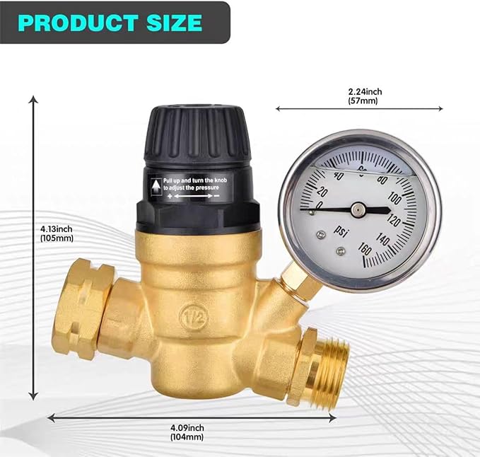 RV water pressure regulator, pressure reducing valve, lead-free brass material, garden irrigation, RV water supply, camper, trailer