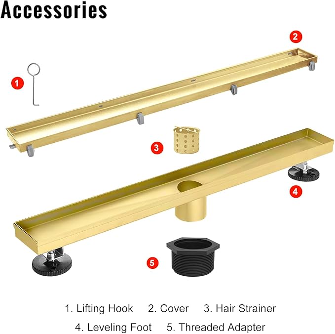 SaniteModar Linear Shower Drain, Gold Shower Drain 24 inch with 2 in 1 Tile Insert and Flat Panel, AISI 304 Stainless Steel Gold Linear Shower Floor Drain with Hair Strainer and Leveling Feet