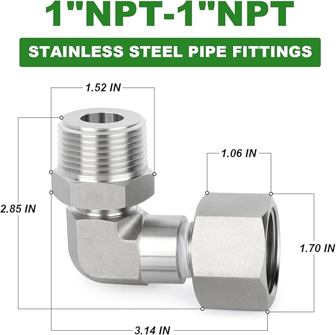 TAISHER 3PCS 304 Stainless Steel 90 Degree Barstock Street Elbow 1/2" MNPT × 1/2" FNPT, Hex Bushing 1" MNPT × 1/2" FNPT，Reducer Adapter 1" FNPT × 1/2" MNPT.(1" MNPT × 1" FNPT)