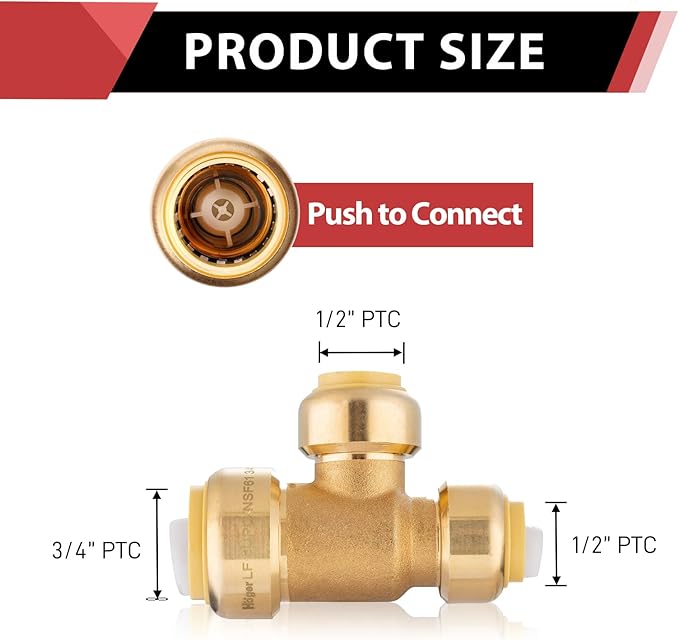 (Pack of 2) EFIELD 3/4"x 1/2" x1/2" Tee Push-Fit Fitting to Connect Pex, Copper, CPVC,(PF129-2PCS)