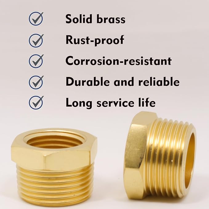 3/4" Male NPT to 1/2" Female NPT Solid Brass Reducer Hex Bushing,(2 Pack), Reducing Cast Pipe Adapter Fitting, Brass Pipe Hose Tube Fitting Hex Head Bushing Adapter Convert