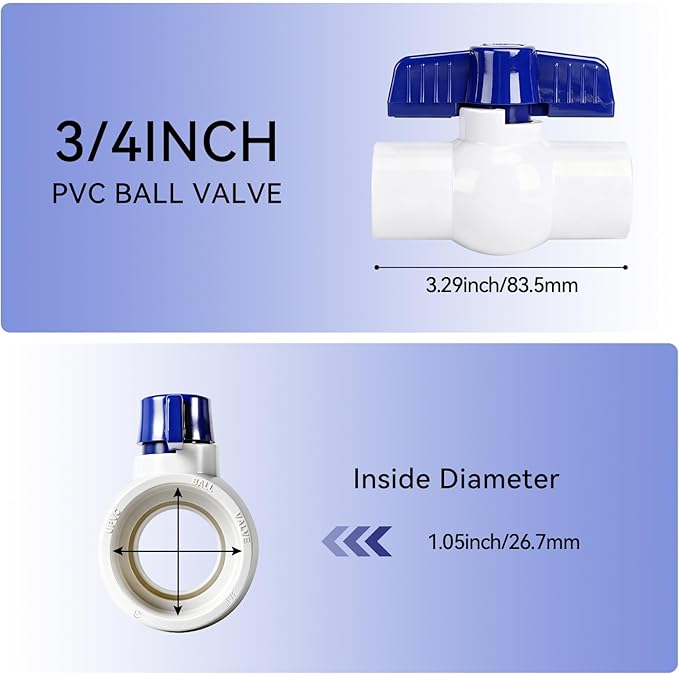 10 Pack 3/4'' PVC Ball Valve Slip, PVC Water Pipe Shut Off Valves 3/4inch with Double Socket Full Flow Port, T Handle SCH40 Plastic Control Valve for Swimming Pool, Irrigation, Sewage Pipes