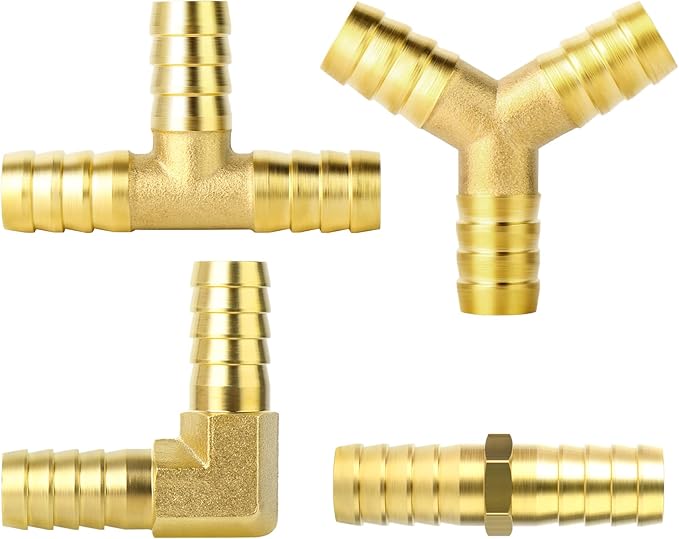 GASHER 8-Piece 1/4 Inch Brass Hose Barb Set, 90 Degree L Right Angle Elbow, Y-Shape Air Hose Connector, Tee Hose Connector, Fuel/AIR/Water/Oil/Gas/WOG