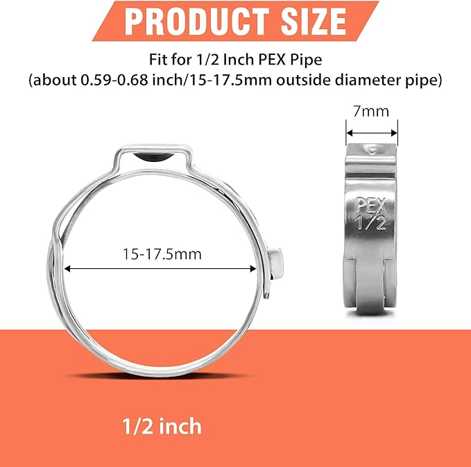 120pcs 1/2 inch PEX Cinch Clamps Rings, 304 Stainless Steel Single Ear Hose Clamps, Heavy Duty Pex Crimp Rings for PEX Tubing Pipe Fitting Connections