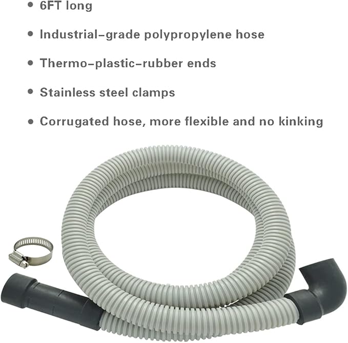 Dishwasher Drain Hose with ID 0.94 inch Elbow, 6 FT Flexible Dishwasher Discharge Hose with Clamps, Trim to Fit 5/8 Inch, 7/8 Inch, or 1 Inch OD Outlets