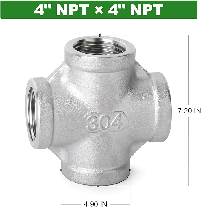 TAISHER 1PCS Stainless Steel 4 Way Pipe Fittings, 4" x 4" x 4" x 4" NPT Female Pipe Fittings