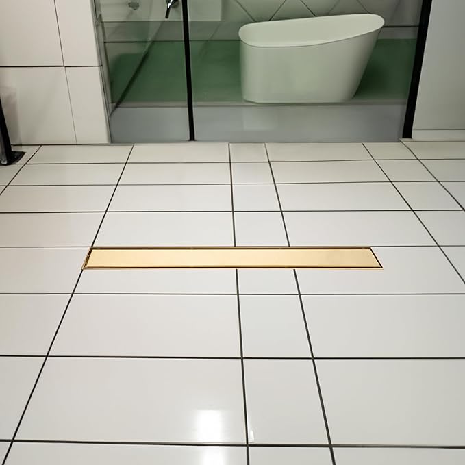 32 inch Linear Shower Drain with Removable Square Hole Panel by Using Brushed 304 Stainless Steel Process, Linear Drain Equipped with Adjustable Feet and Hair Strainer(Brushed Gold Color)
