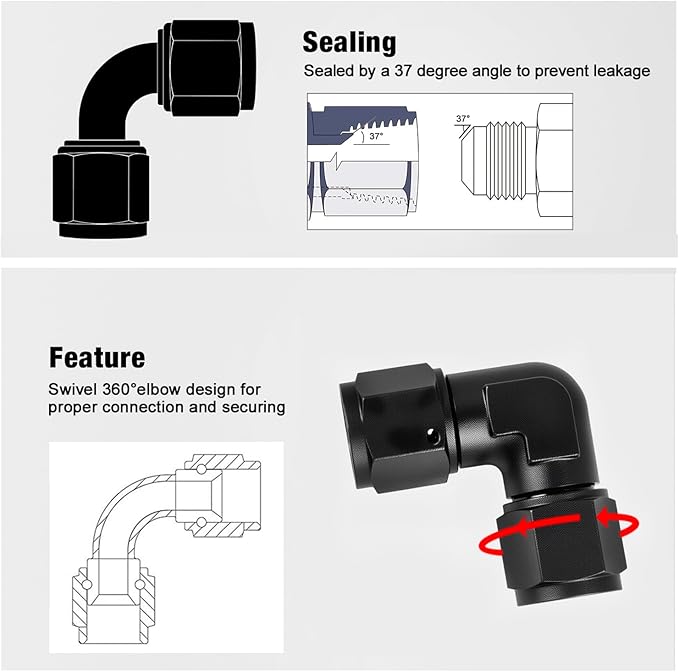 8AN Female to 8AN Female 90 Degree Swivel Coupler Fitting Adapter 3/4-16UNF Thread Aluminium Black 2PCS