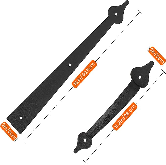 Homode Decorative Garage Door Hinges Handles, Faux Garage Door Accents, Metal Handles Hinges Hardware Kit, Screw Mounted, Black, Spear Style (4 Hinges+2 Handles)