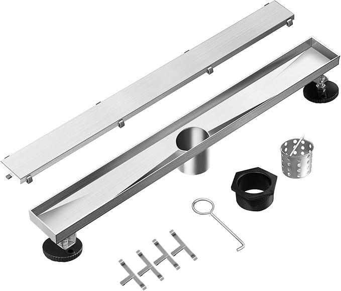 Linear Shower Drain, 36 inch Drain with Tile Insert 2-in-1 Panel, Brushed 304 Stainless Steel Shower Floor Drain, Linear Drain with Hair Strainer and Adjustable Feet