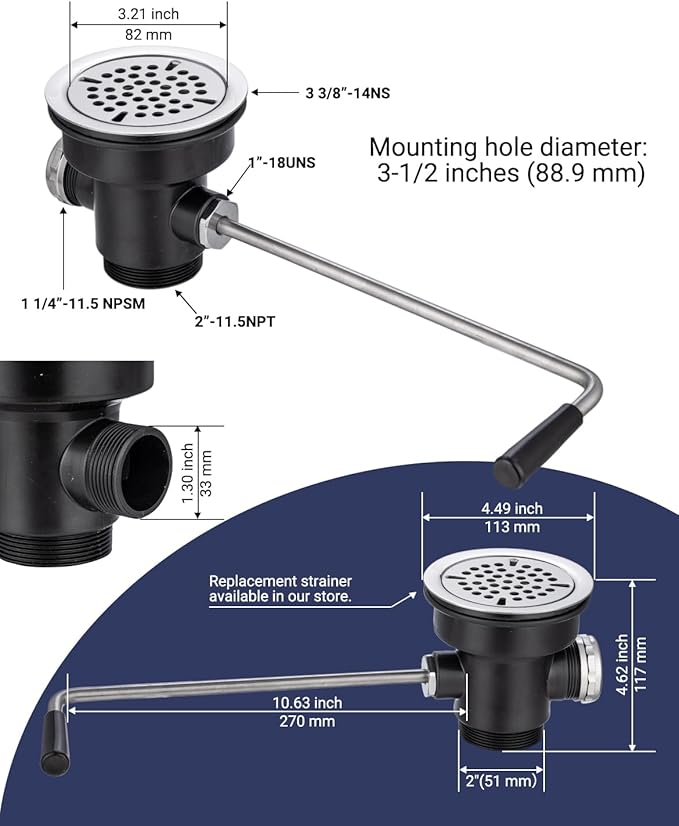 Twist Handle Commercial Sink Drain for 3 Compartment Sink,Waste Drain with overflow inlet, Brass Vlave