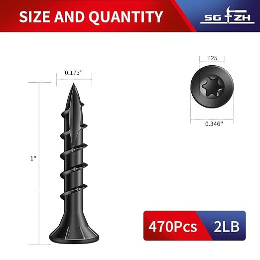 #8 x 1 Inch Deck Screws (470Pcs) 2lb. Carbon Steel, Black, Flat Head, Rust Resistant epoxy Coated, with T25 Star Bit