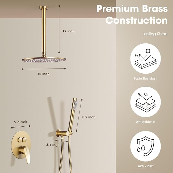 TRUSTMI 12 Inch Shower System with Pressure Balanced Valve Luxury Ceiling Mounted Rainfall and Handheld Shower Head Set Push Button Diverter, Brushed Brass Gold (Rough-In Valve and Trim Kit Include)