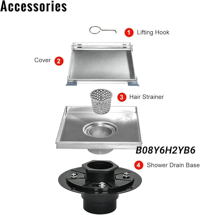 Square Shower Drain, Shower Drain 6 inch with 2 in 1 Tile-Insert Cover, Brushed AISI 304 Stainless Steel Shower Floor Drain with Hair Catcher