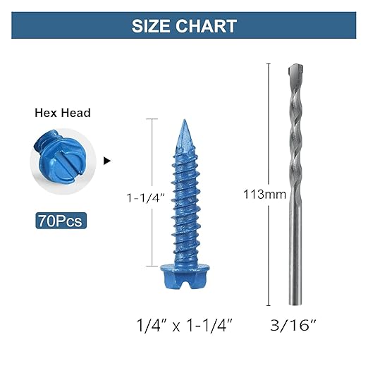 1/4 x 1-1/4 Inch 70PCS Concrete Screws, Hex Head Screws Anchor with Drill Bit, for Masonry, Block, Brick, Cement, Stucco, Diamond Point