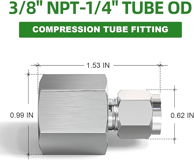 TAISHER 5PCS 304 Stainless Steel Compression Tube Pipe Fitting Connector, 1/4" Tube OD x 3/8" NPT Female Straight Adapter