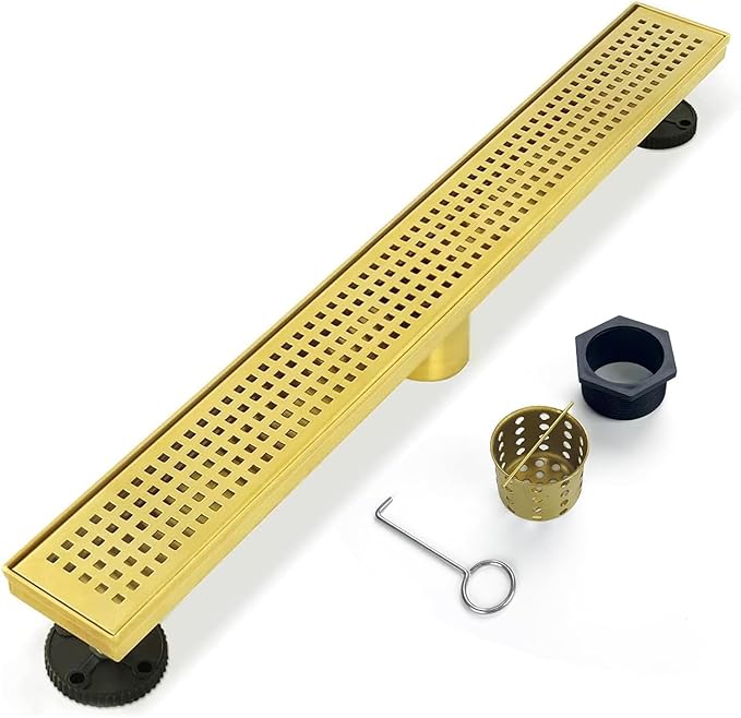 Linear Shower Drain, 40 inch Gold Drain with Removable Grate Cover, Brushed 304 Stainless Steel Shower Floor Drain, Linear Drain with Hair Strainer and Adjustable Feet