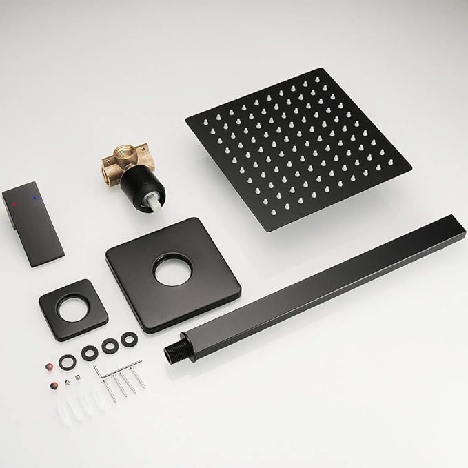 Matte Black Shower Faucet Set, Single Function Shower Trim Kit with Rough-in Valve, Square Rain Shower Head System Included Extra Long Shower Arm for Bathroom