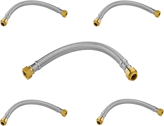 (5 Pack) Seelink 12-Inch Stainless Steel Flexible Water Heater Hose, 1/2" Push-Fit x 3/4" FIP, Push-to-Connect for Copper, PEX, and CPVC